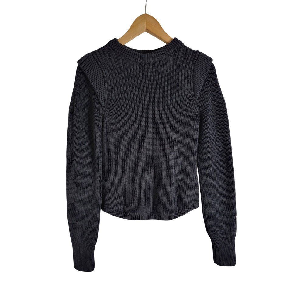 Aqua Womens Black Ribbed Cotton Crew Neck Shoulder Detail Sweater XS Chic
